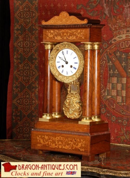 Early Antique French Rosewood Portico Clock, French - Circa 1840.